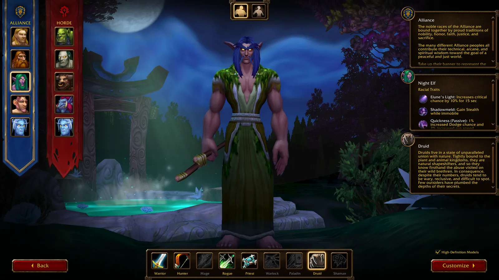 A Night Elf Druid on the WoW Forever character creation screen