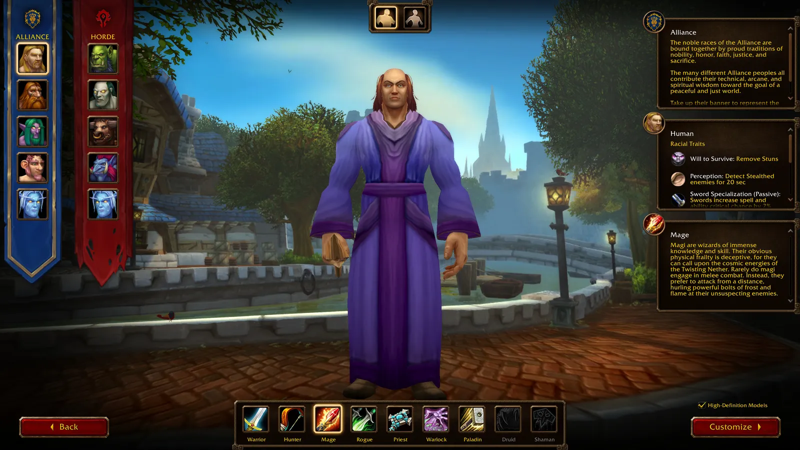 A Human Mage on the WoW Forever character creation screen