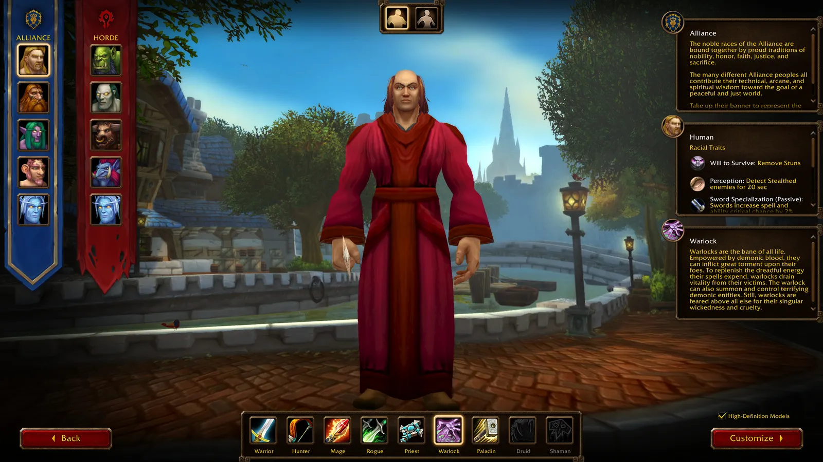 A Human Warlock on the WoW Forever character creation screen