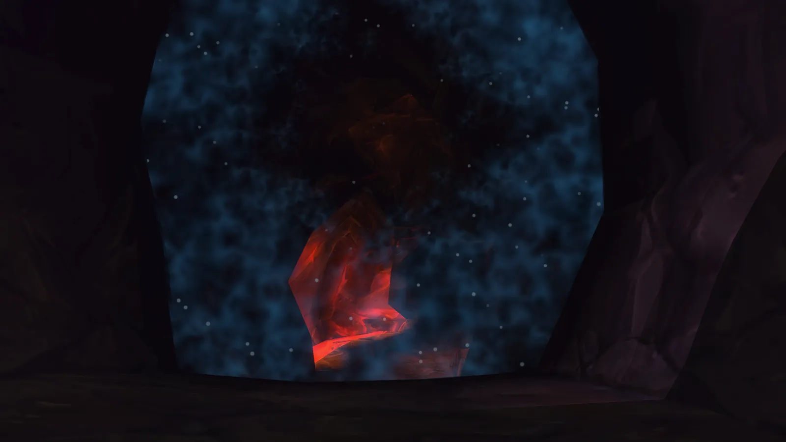 A swirling blue portal in a dark cave with a glowing red crystal at its centre, the entrance to Ragefire Chasm in the WoW Forever beta