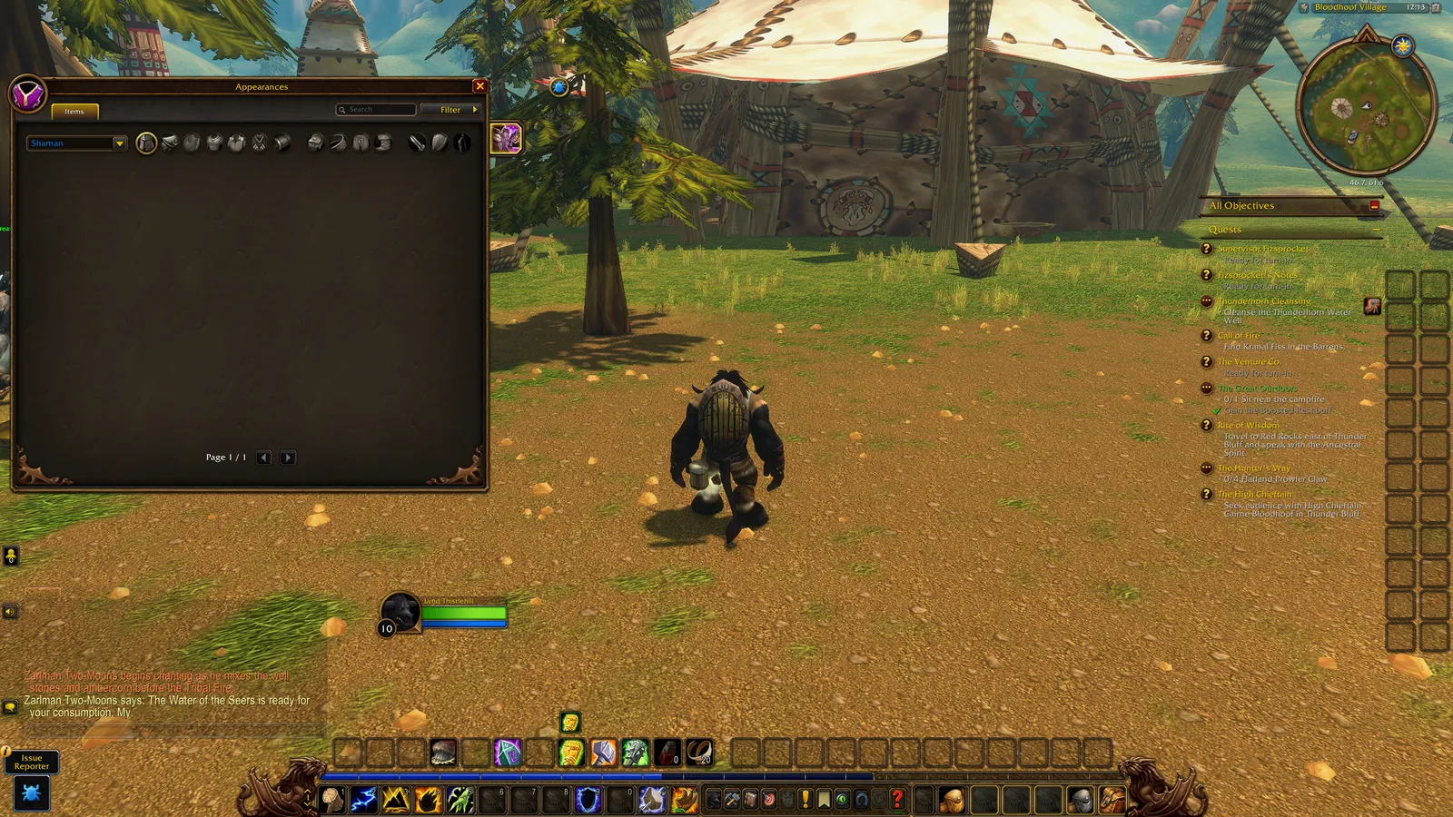 The account-wide collections window open in the WoW Forever beta, with a Tauren character in Mulgore