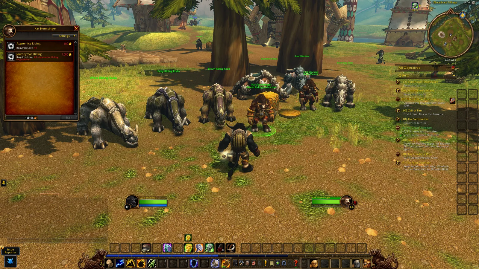 A Tauren riding trainer in Mulgore in the WoW Forever beta, offering Apprentice Riding (requires level 40, 100 gold) and Journeyman Riding (requires level 60 and Apprentice Riding, 1,000 gold), with kodo mounts behind