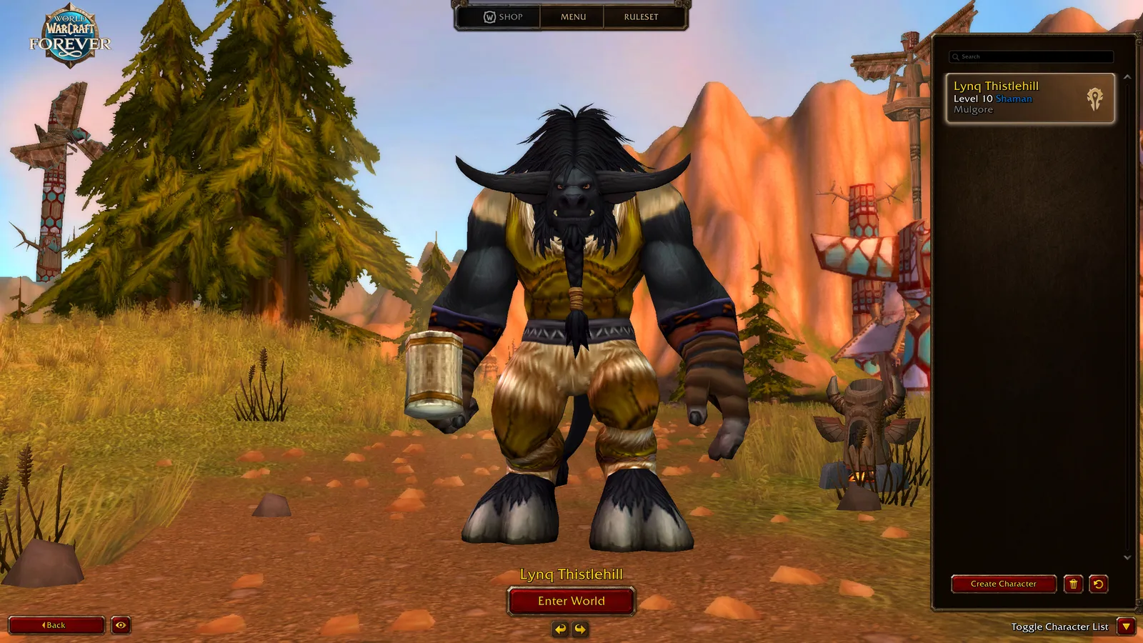 A Tauren Shaman on the WoW Forever character select screen
