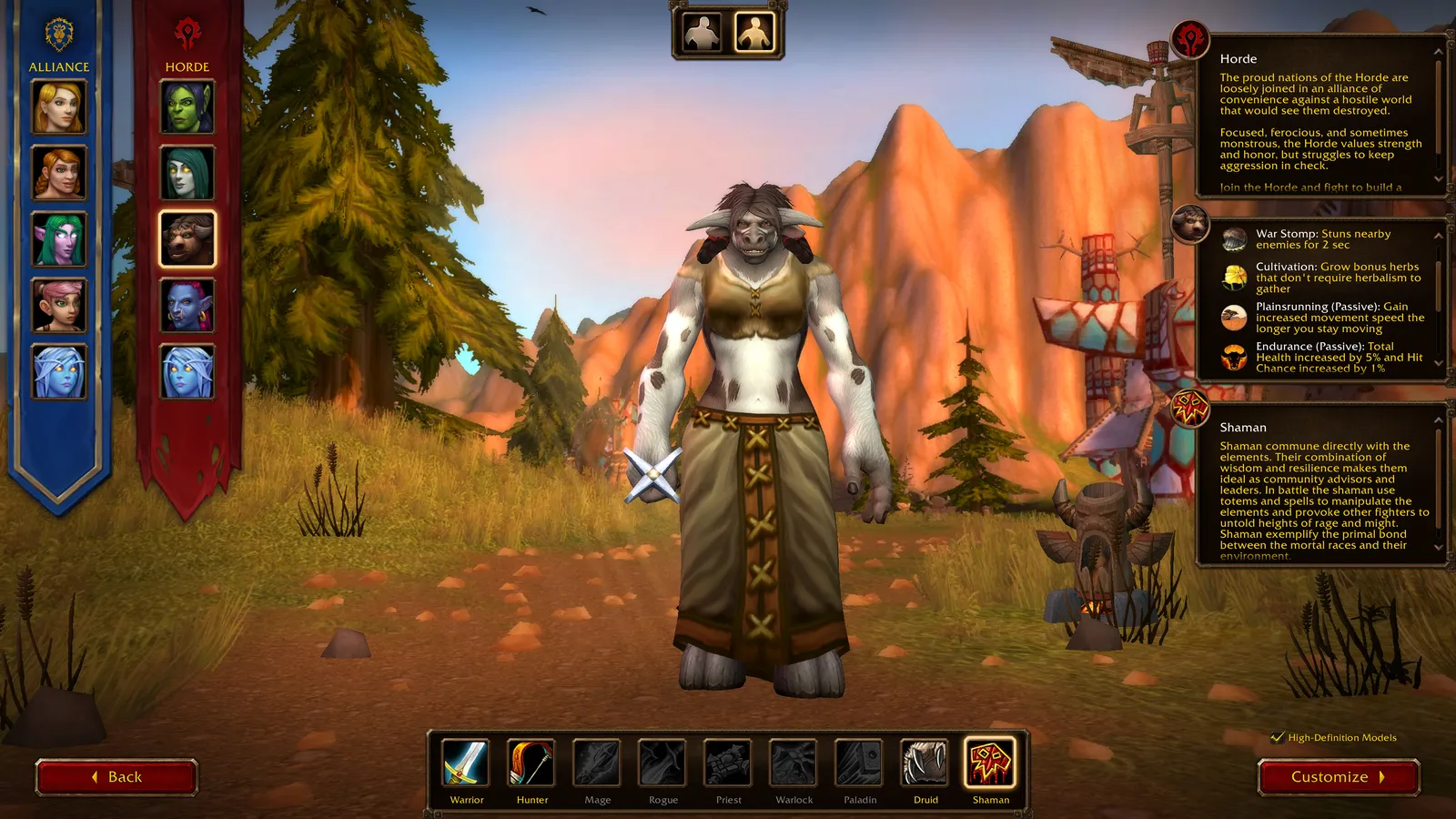 A female Tauren Shaman in the character creator, with the Tauren racial traits and Shaman class panels